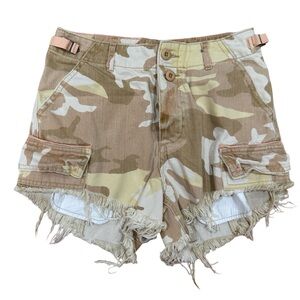 Free People We the Free Commander Cut Off Tan Camo Khaki Denim Jean Short
